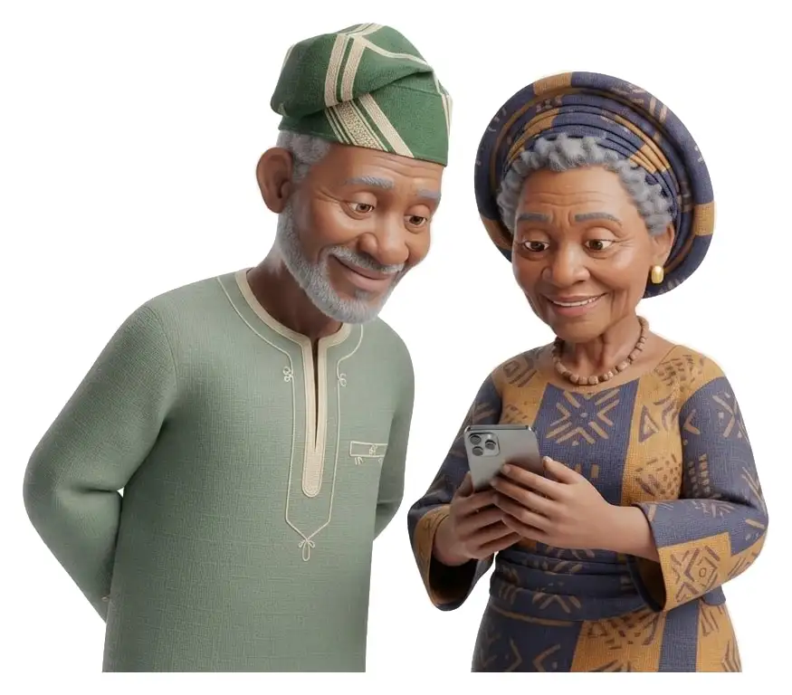An older Nigerian man and woman looking at her phone together, smiling