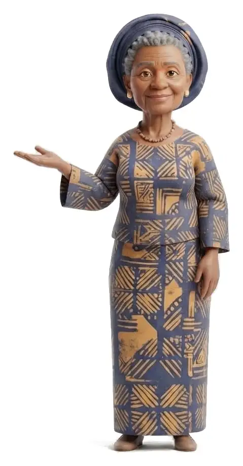 An older Nigerian woman in an indigo and gold adire outfit and gele, explaining with an open hand