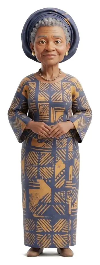 An older Nigerian woman in an indigo and gold adire outfit and gele, standing calmly